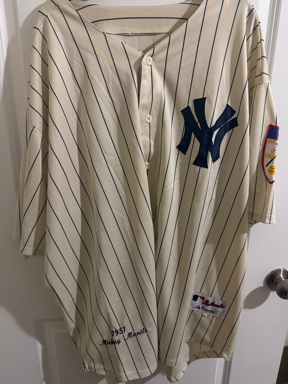 New York Yankee Mickey Mantle Majestic Cream Pinstripe Jersey with Navy